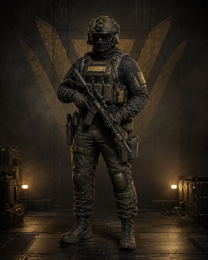Illustration d’un soldat Vanguard portant les couleurs laiton de la faction.